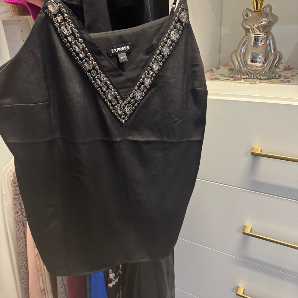 Express Black Rhinestone Embellished Tank Top V-Neck Dressy Sleeveless